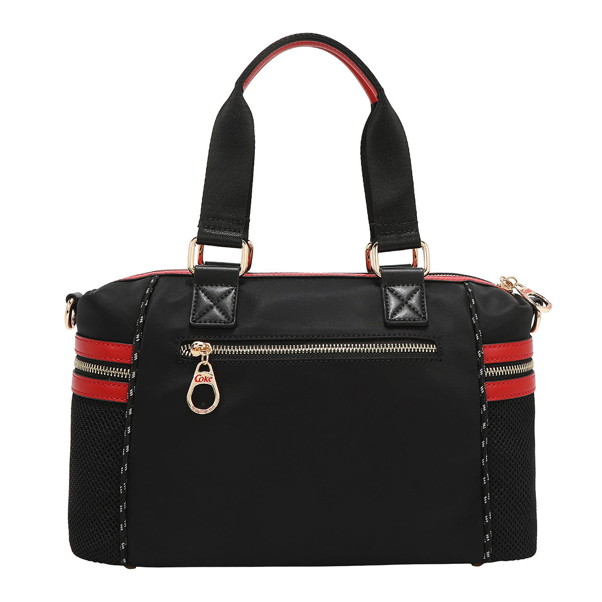 Bolsa Tipo Boston Estampado Coca Cola x Nicole Lee Color Negra  Estructura  Compartimiento Amplio, Asas y Correa ajustable y desmontable